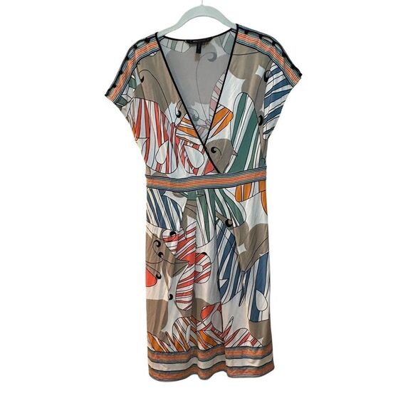 2/$30 BCBGMAXAZRIA Dress Womens Small Multicolor Abstract Cap Sleeve Deep V Neck - Picture 1 of 9